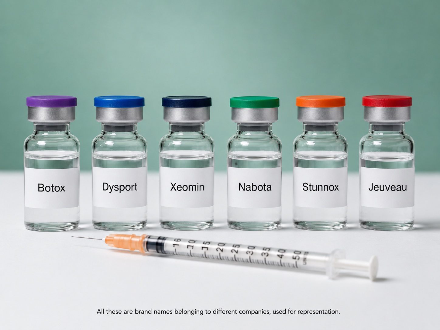 Multiple brands of botulinum toxin including Botox, Dysport, Xeomin, Nabota, Stunnox and Jeuveau. Botox is one trade name among several for the same molecule.
