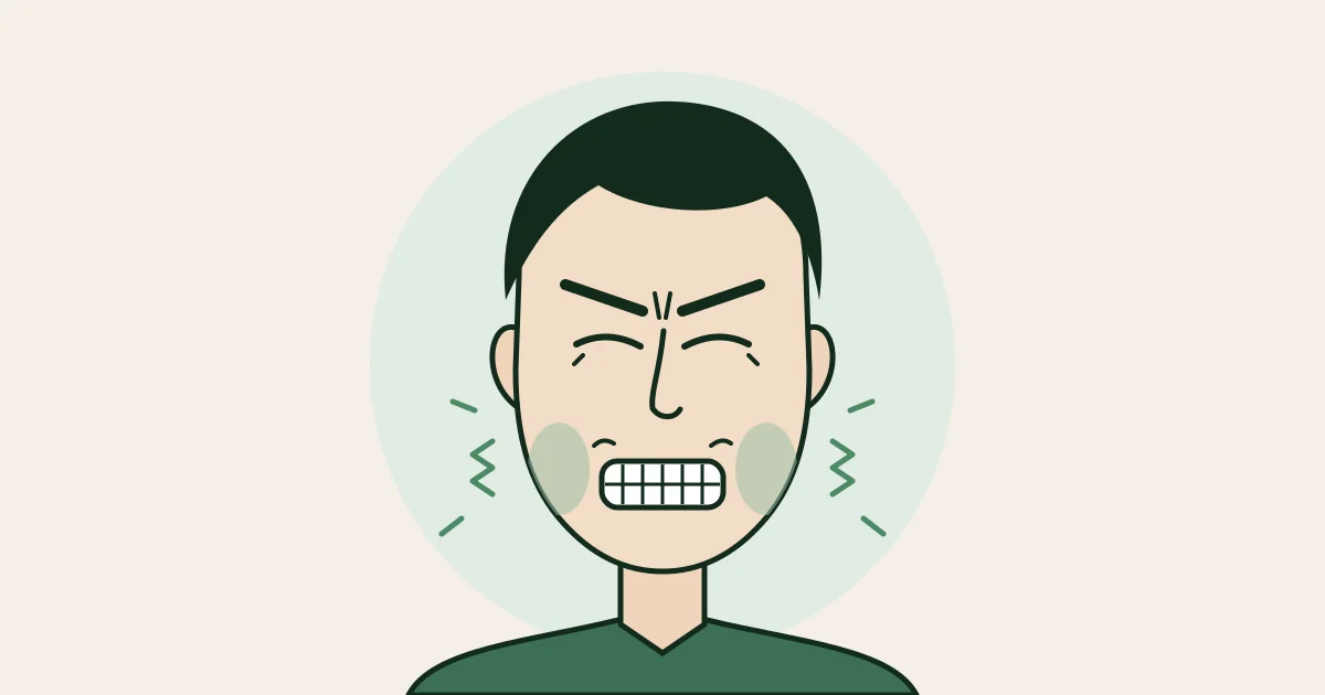 Illustration of a person clenching the jaw and grinding the teeth, with the masseter muscles at the angle of the jaw highlighted