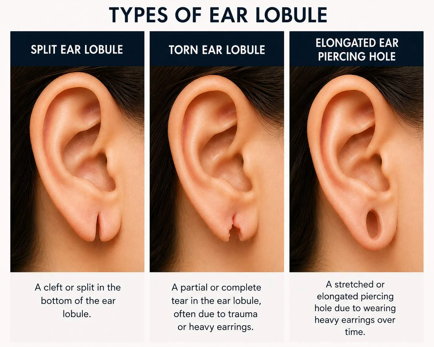 Three types of damaged earlobe — split earlobe, torn earlobe, and elongated piercing hole