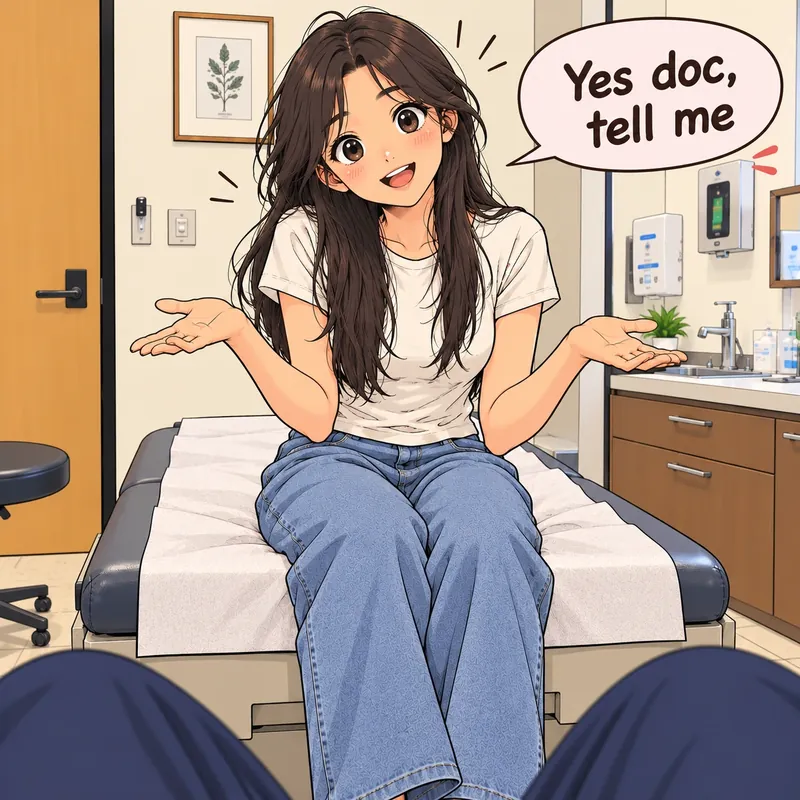 Illustration of a patient sitting on an examination couch in a consultation room, hands open, saying 'Yes doc, tell me'